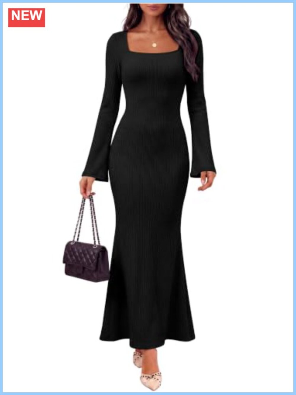Ribbed Knit Bodycon Maxi Dress Square Neck Long Sleeve